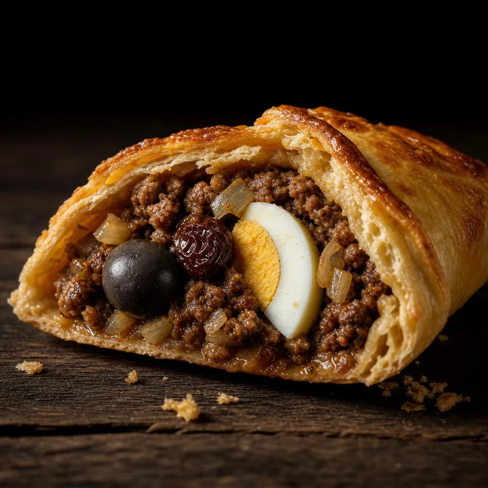 Empanada de horno abierta: carne picada, pasa, aceituna y huevo